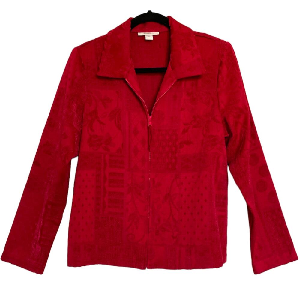 Dressbarn Red Jacquard Full Front Zip 80s Jacket Blazer Medium